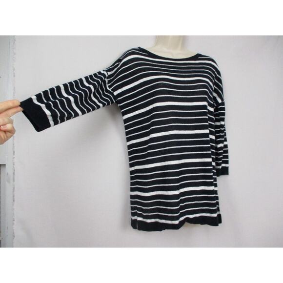 Talbots Linen Blend Sweater Womens Medium Striped Navy Blue White Nautical Light - Picture 3 of 14